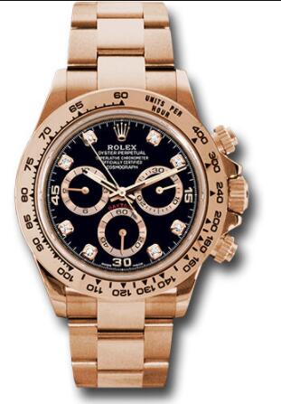 Replica Rolex Everose Gold Cosmograph Daytona 40 Watch 116505 Black Diamond Dial Oyster Bracelet